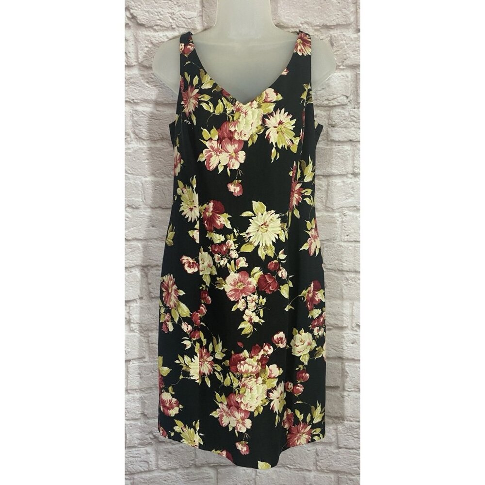 JONES NEW YORK Dress 10 Linen Silk Blend Lined Zip Black Floral Vintage Feminine